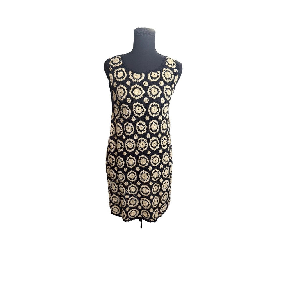 Free People Crochet Mini Dress Medium Black Cream Boho Sunburst Festival Knit